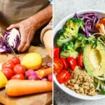 Salada Buddha com quinoa, abacate, brócolis, batata doce e molho de tahine.
