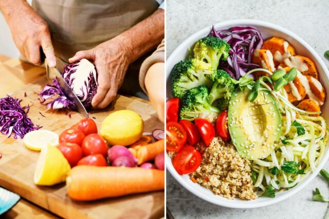 Certas mudanças na dieta podem retardar o processo de envelhecimento Salada Buddha com quinoa, abacate, brócolis, batata doce e molho de tahine.