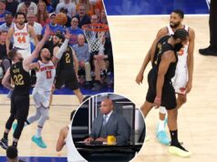 Charles Barkley eviscera Cavaliers no épico ‘estrangulamento’ do jogo 1 contra os Knicks: ‘Como manequins’ Dois jogadores de basquete, um com camisa preta e outro com camisa branca, em pé em uma quadra.