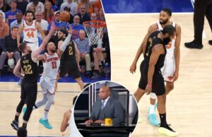 Charles Barkley eviscera Cavaliers no épico ‘estrangulamento’ do jogo 1 contra os Knicks: ‘Como manequins’ Dois jogadores de basquete, um com camisa preta e outro com camisa branca, em pé em uma quadra.
