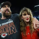 BALTIMORE, MARYLAND - JANUARY 28: Travis Kelce #87 of the Kansas City Chiefs (L) celebrates with Taylor Swift after defeating the Baltimore Ravens in the AFC Championship Game at M&T Bank Stadium on January 28, 2024 in Baltimore, Maryland.  (Photo by Patrick Smith/Getty Images)