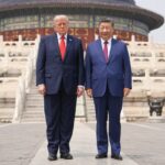 U.S. President Donald Trump, left, stands with Chinese President Xi Jinping at the Temple of Heaven on May 14 in Beijing.