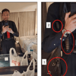 This image released as part of the US Government's Memorandum in Support of Pretrial Detention showing Cole Tomas Allen, the suspect in the shooting incident in Washington at the annual White House Correspondents' Association Dinner, while in his hotel room at the Washington Hilton in Washington, DC, on April 25, 2026, in a composite handout image released on April 29, 2026 by the U.S. Department of Justice in Washington.