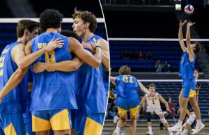 Com grande surpresa, a temporada de vôlei masculino da UCLA termina Quatro jogadores de vôlei masculinos com camisetas azuis e douradas se amontoam, abraçados.
