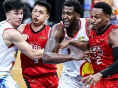 Com show ‘incrível’ no Jogo 3, Thompson continua admirando Cone Scottie Thompson de Ginebra (segundo a partir da esquerda) e Justin Brownlee se misturam com a dupla Rauin ou Shine de Adrian Nocum e Jaylen Johnson. —MARLO CUETO