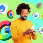 Logotipo do Google com os logotipos de alguns aplicativos do Google Workspace abaixo e alguns aplicativos do Microsoft 365 desfocados no fundo. (1)