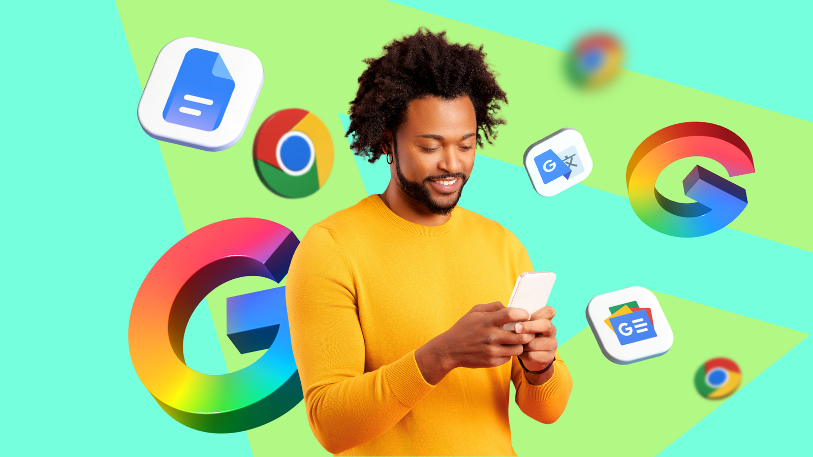 Logotipo do Google com os logotipos de alguns aplicativos do Google Workspace abaixo e alguns aplicativos do Microsoft 365 desfocados no fundo. (1)