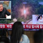 Uma tela de TV mostra uma reportagem do projétil não identificado da Coreia do Norte, com imagens de arquivo durante um programa de notícias na estação ferroviária de Seul, em Seul, Coreia do Sul, terça-feira, 26 de maio de 2026.