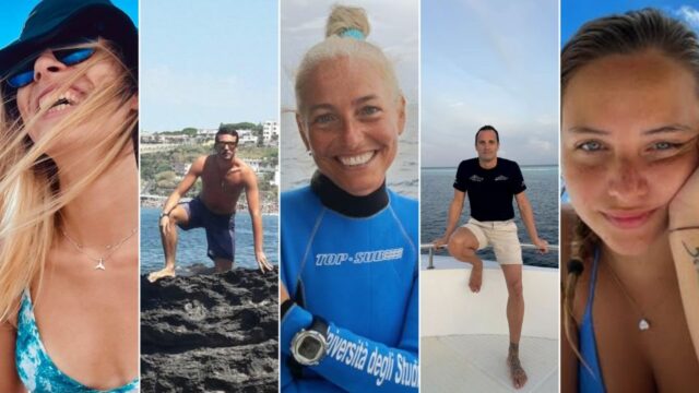 Corpos de quatro mergulhadores italianos desaparecidos localizados em caverna marítima Muriel Oddenino, Federico Gualtieri, Monica Montefalcone, Gialunca Benedetti e Giorgia Sommacal. - Facebook/Universidade de Gênova/Albatros Top Boat/Instagram