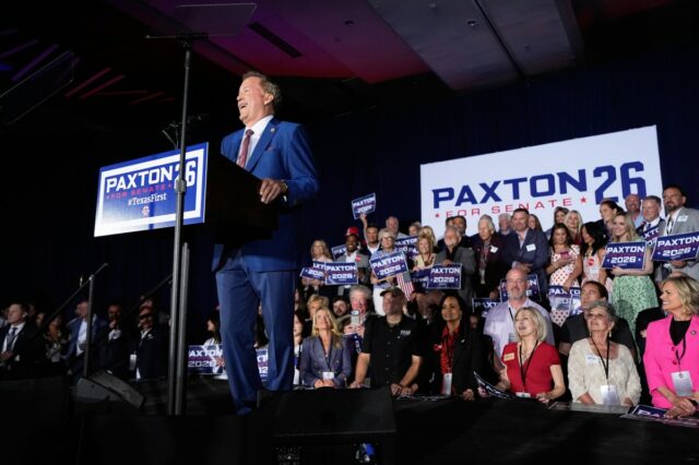 Texas Attorney General Ken Paxton, Republican candidate for U.S. Senate, speaks during a primary runoff election night event after winning the GOP nomination on Tuesday, in Plano, Texas. (AP Photo/Tony Gutierrez)