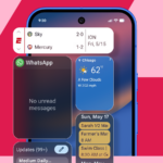 Mão segurando um smartphone exibindo um widget ‘Foco’ com uma lista de metas diárias na tela inicial.