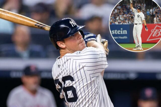 DJ LeMahieu nº 26 do New York Yankees acerta um home run solo durante a quinta entrada contra o Boston Red Sox no Yankee Stadium, domingo, 8 de junho de 2025, no Bronx, NY. (