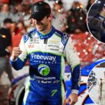 Daniel Suarez comemora em Victory Lane depois de vencer uma corrida automobilística da NASCAR Cup Series em Charlotte, NC