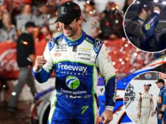 Daniel Suarez homenageou Kyle Busch com uma homenagem sincera após ganhar a Coca-Cola 600 Daniel Suarez comemora em Victory Lane depois de vencer uma corrida automobilística da NASCAR Cup Series em Charlotte, NC