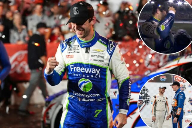 Daniel Suarez homenageou Kyle Busch com uma homenagem sincera após Daniel Suarez comemora em Victory Lane depois de vencer uma corrida automobilística da NASCAR Cup Series em Charlotte, NC