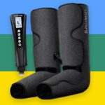 Par de massageadores de pernas Uwarmmung em cinza com controle remoto preto.