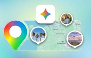 Deixei o Gemini e o Google Maps conversarem, e minhas fotos de férias finalmente fizeram sentido Duas mãos robóticas apontando para um ícone colorido do aplicativo Gemini 3D.