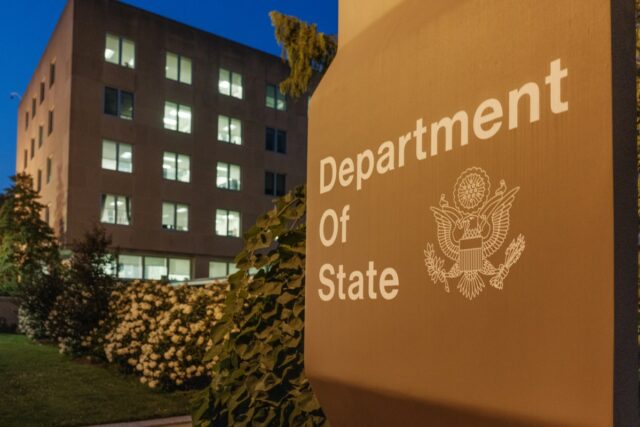 Office lights are illuminated in the U.S. Department of State headquarters on July 11, 2025, in Washington, DC.