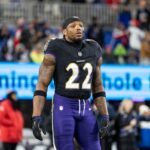 BALTIMORE, MARYLAND - DECEMBER 21: Derrick Henry #22 of the Baltimore Ravens looks on prior to an NFL football game against the New England Patriots at M&T Bank Stadium on December 21, 2025 in Baltimore, Maryland. (Photo by Michael Owens/Getty Images)