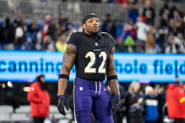 BALTIMORE, MARYLAND - DECEMBER 21: Derrick Henry #22 of the Baltimore Ravens looks on prior to an NFL football game against the New England Patriots at M&T Bank Stadium on December 21, 2025 in Baltimore, Maryland. (Photo by Michael Owens/Getty Images)