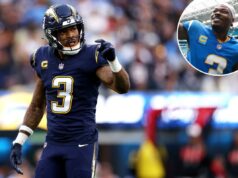 Derwin James, do Chargers, se tornou o safety mais bem pago da história da NFL, com US$ 25,2 milhões por ano O safety do Los Angeles Chargers, Derwin James, com o uniforme azul de seu time e a de capitão