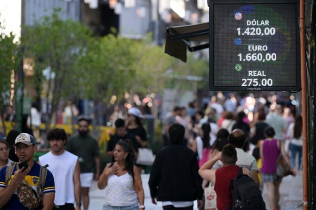 An electronic board displays the exchange rates of the U.S. dollar, the euro and the Brazilian real on the Florida pedestrian street in downtown Buenos Aires, Argentina, on February 6, 2026.