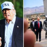 (Left) President Donald Trump gestures to reporters as he walks across the South Lawn of the White House, Friday, May 15, 2026, in Washington, on return from Beijing where he met with China's President Xi Jinping. Right: Trump walks next to a handcuffed alien in an AI-generated image. (AP Photo/Jacquelyn Martin - Donald Trump/Truth Social)