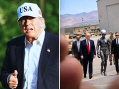 Donald Trump compartilha foto de IA de alienígena algemado caminhando ao lado dele (Left) President Donald Trump gestures to reporters as he walks across the South Lawn of the White House, Friday, May 15, 2026, in Washington, on return from Beijing where he met with China's President Xi Jinping. Right: Trump walks next to a handcuffed alien in an AI-generated image. (AP Photo/Jacquelyn Martin - Donald Trump/Truth Social)