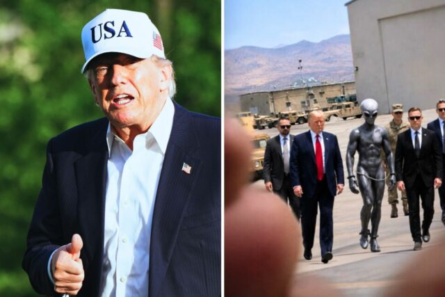 Donald Trump compartilha foto de IA de alienígena algemado caminhando (Left) President Donald Trump gestures to reporters as he walks across the South Lawn of the White House, Friday, May 15, 2026, in Washington, on return from Beijing where he met with China's President Xi Jinping. Right: Trump walks next to a handcuffed alien in an AI-generated image. (AP Photo/Jacquelyn Martin - Donald Trump/Truth Social)