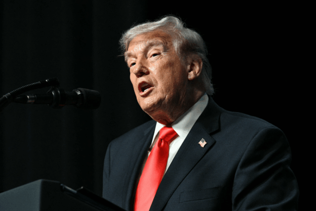 Donald Trump speaks at The Forum Club of the Palm Beaches Dinner at the Raymond F. Kravis Center for the Performing Arts in West Palm Beach, Florida on May 1, 2026.