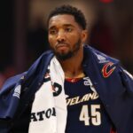 DETROIT, MICHIGAN - MAY 05:  Donovan Mitchell #45 of the Cleveland Cavaliers looks on during the first quarter against the Detroit Pistons in Game One of the Second Round of the NBA Eastern Conference Playoffs at Little Caesars Arena on May 05, 2026 in Detroit, Michigan. NOTE TO USER: User expressly acknowledges and agrees that, by downloading and or using this photograph, User is consenting to the terms and conditions of the Getty Images License Agreement. (Photo by Gregory Shamus/Getty Images)
