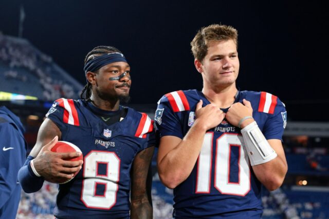 Former New England Patriots WR Stefon Diggs and QB Drake Maye