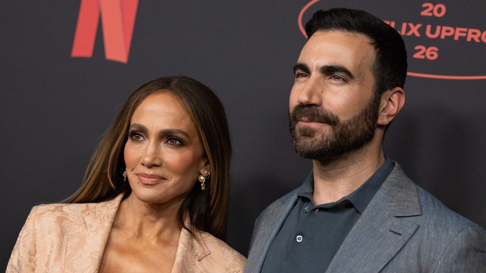 Jennifer Lopez and Brett Goldstein at the Netflix 2026 Upfront Red Carpet held at Sunset Pier 94 Studios on May 13, 2026 in New York, New York. (Photo by Stephanie Augello/Variety via Getty Images)