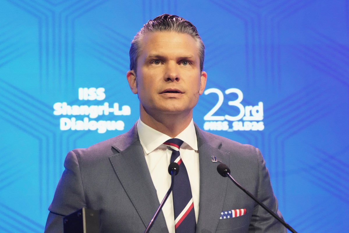 U.S. Defense Secretary Pete Hegseth delivers his address during the Shangri-La Dialogue, Asia's annual defense and security forum, in Singapore, Saturday, May 30, 2026.