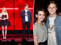 Emma Roberts e ex Evan Peters têm uma reunião tensa no palco anos após a prisão por violência doméstica Sarah Paulson, Angela Bassett, Emma Roberts, Gabourey Sidibe, Billie Lourd, Evan Peters e Paul Anthony Kelly apresentando-se no Disney Upfront 2026.