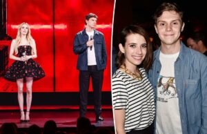 Emma Roberts e ex Evan Peters têm uma reunião tensa no palco anos após a prisão por violência doméstica Sarah Paulson, Angela Bassett, Emma Roberts, Gabourey Sidibe, Billie Lourd, Evan Peters e Paul Anthony Kelly apresentando-se no Disney Upfront 2026.
