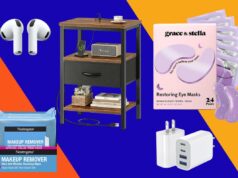 Encontramos mais de 35 melhores vendas do Memorial Day da Amazon para comprar antes do Prime Day Colagem de um sofá-cama cinza com armazenamento lateral e porta de carregamento, e uma imagem inserida do sofá-cama convertido em cama.