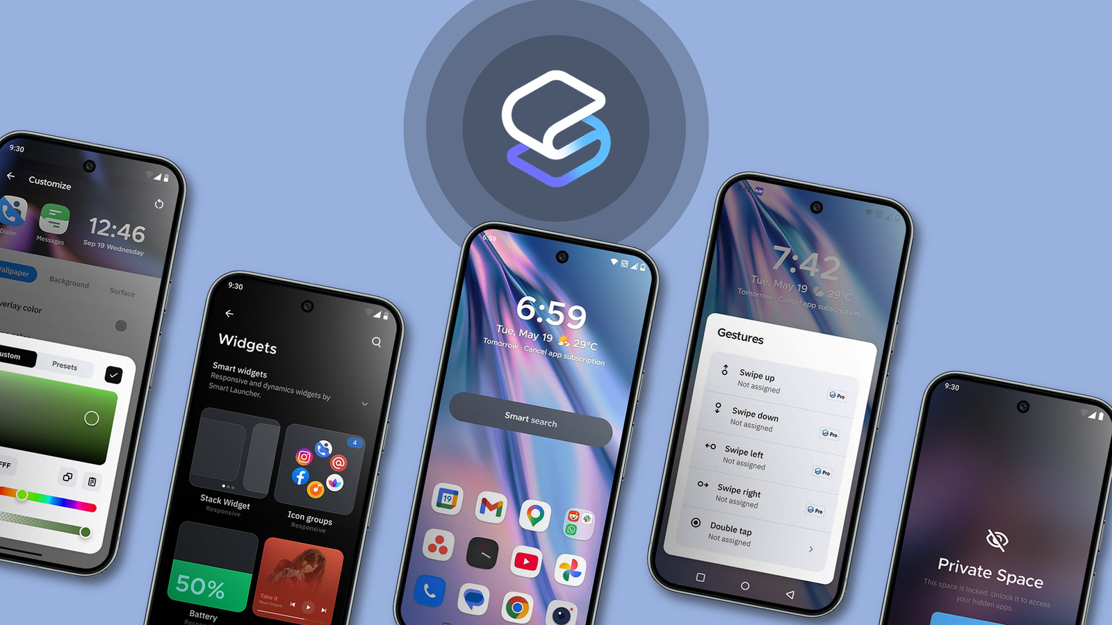 O Pixel 9 Pro em uma mesa de vime e em cima da capa de um álbum com a tela voltada para cima
