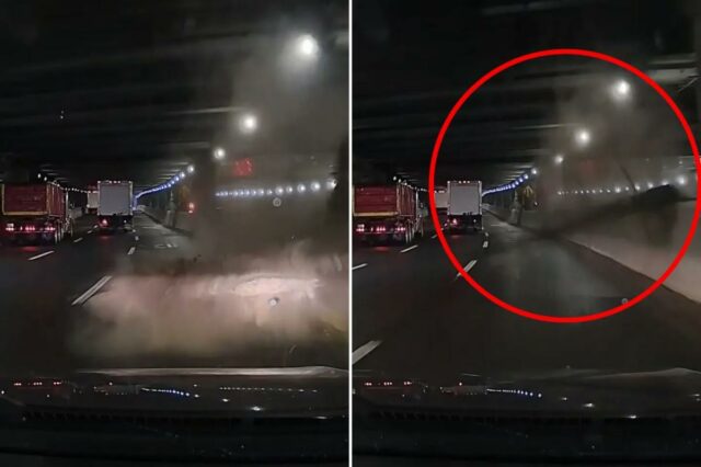 Detritos caindo do teto de um túnel escuro na via expressa Trans-Manhattan.