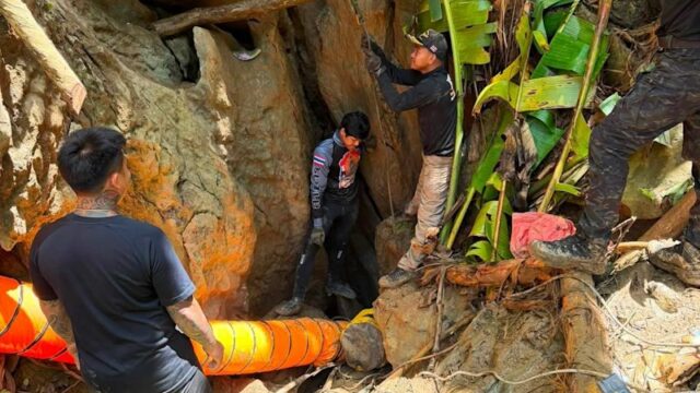 Equipes de resgate correm para encontrar sete pessoas presas em Equipes de resgate trabalham para resgatar sete pessoas presas em uma caverna na província de Xaisomboun, no Laos.