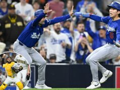 Erro de corrida de base custa aos Dodgers a derrota por 1 a 0 para os Padres: ‘Essa é difícil’ O apanhador do San Diego Padres, Austin Nola, lança para uma base enquanto o arremessador Joe Musgrove observa.
