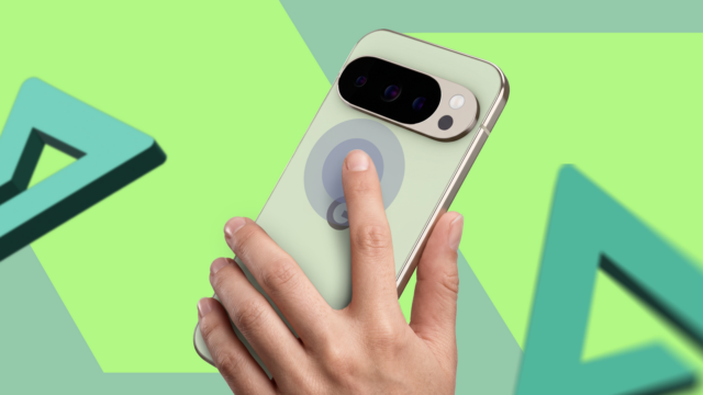 Google Pixel 10 Pro XL encostado em uma rocha marrom