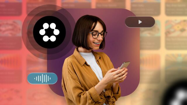 O ícone preto do aplicativo Huxe cercado por cartões de podcast digitais flutuantes.