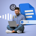 Um smartphone com o logotipo do Google Docs, ícone de microfone, balão de comentários e ícone de engrenagem em um fundo azul
