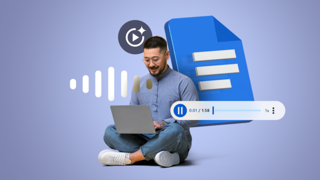 Um smartphone com o logotipo do Google Docs, ícone de microfone, balão de comentários e ícone de engrenagem em um fundo azul