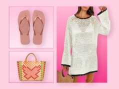 Estes vestidos, tops e maiôs deixarão você pronto para a praia STAT Sandálias bege, pulseira colorida e vestido listrado