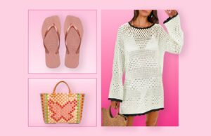 Estes vestidos, tops e maiôs deixarão você pronto para a praia STAT Sandálias bege, pulseira colorida e vestido listrado