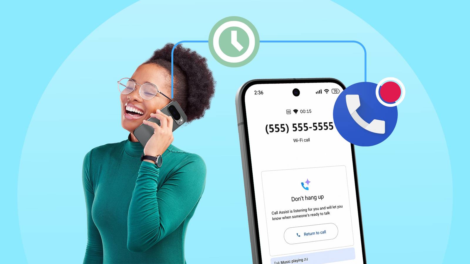 Uma mão segurando um smartphone Google Pixel com ícones flutuantes de “Regras” ao redor