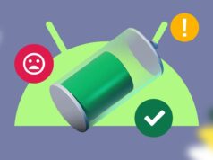 Estou oficialmente obcecado com a ‘pontuação de saúde’ da minha bateria no Android 16 Uma pessoa segurando um telefone próximo ao gráfico do sinal da bateria, de vazia a cheia, em um fundo verde