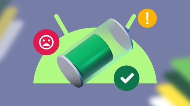 Uma pessoa segurando um telefone próximo ao gráfico do sinal da bateria, de vazia a cheia, em um fundo verde